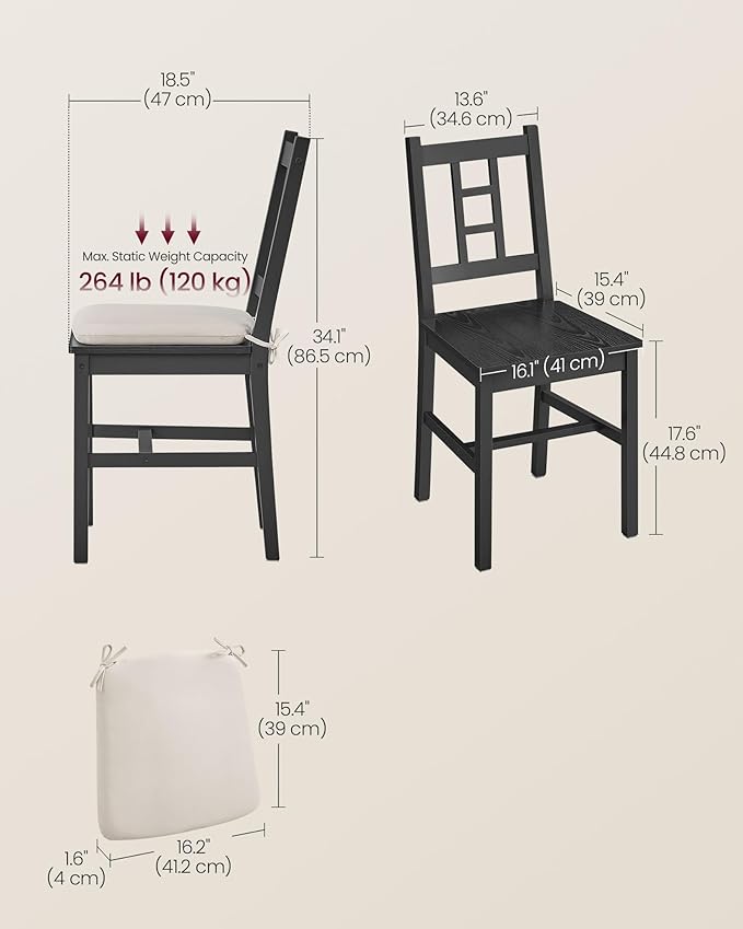 VASAGLE Wooden Dining Chairs, Set of 2, Kitchen and Dining Room Chairs, Removable Cushion, Curved Back, Each Supports 264 lb, Ebony Black UKDC150B01