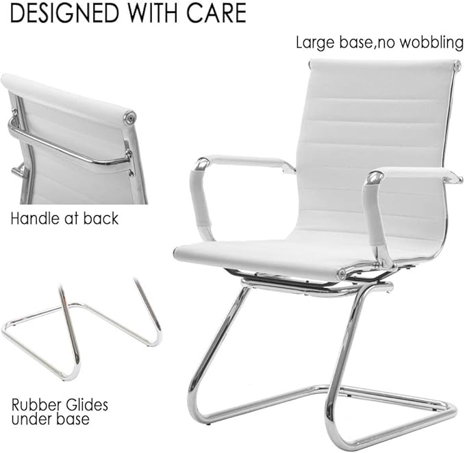 DM Furniture Reception Chairs Leather Conference Chairs No Wheels Back Support Heavy Duty Office Guest Chair, Set of 2 (White)