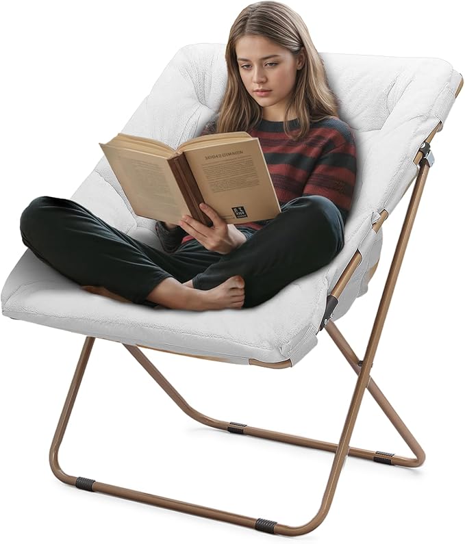 Athena Collection Saucer Chair for Adult, Square Comfy Cozy Chair Folding Chair Faux Fur Metal Frame Foldable Reading Chair Accent Chair for Bed Room Living Room, White