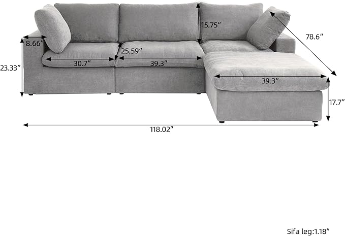 L-Shaped Cloud Sectional Couch, Light Grey Modular Sectional Sofa, Modern Comfy Cloud Sofa with Storage Ottoman, Covers Removable, Convertible Sleeper Couch for Living Room Apartment (Linen Fabric)