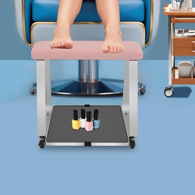 Pedicure Foot Rest, Portable Nail Salon Footrest with Organizer Tray, 110LBS Load Capacity, Lockable Casters for Beauty Nail Salon, Spa, Home, Clinic (Pink)