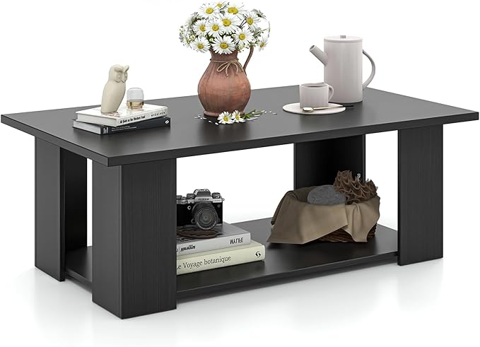 Tangkula 2-Tier Coffee Table, Modern Rectangular Center Cocktail Table with 5 Support Legs, Wooden Accent Living Room Furniture, Small Coffee Table for Small Spaces, Easy Assembly (Black)
