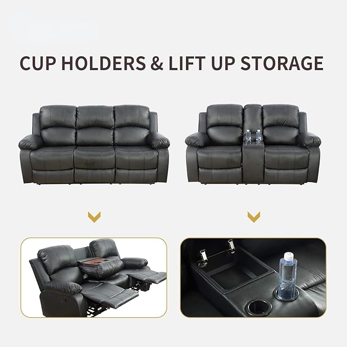 AYCP Bonded Leather Living Room Furniture Set Reclining Sofa Set Loveseat Furniture Sets in Living Room Sofa Recliners (Sofa+Loveseat, Black)