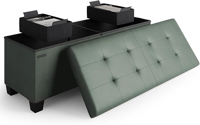 Storage Ottoman Bench with Bins, 43-in Storage Bench for Bedroom End of Bed, Folding Foot Rest Ottoman for Living Room Max 660lbs, Faux Leather Ottomans, Green