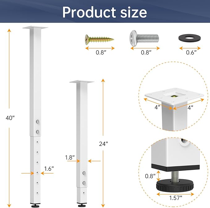 POROHOM 2PCS Adjustable Square Table Leg (24-40inch)，Metal Desk Legs, Home Office DIY Furniture Leg Set for Tables, DIY desks, Counter Tops, Kitchen Tables,Office Desk (White)