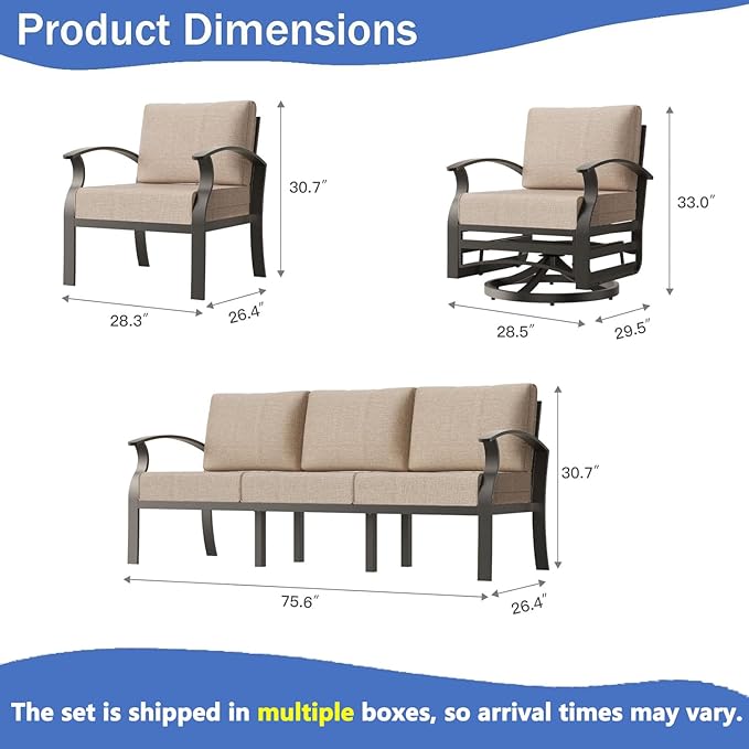 RTDTD Aluminum Outdoor Patio Furniture Set,5 Pieces 7 Seats Patio Conversation Sets with 2 Swivel Rocking Chairs,Metal Patio Sectional Furniture Set with 5.1" Thickened Cushions,Sand