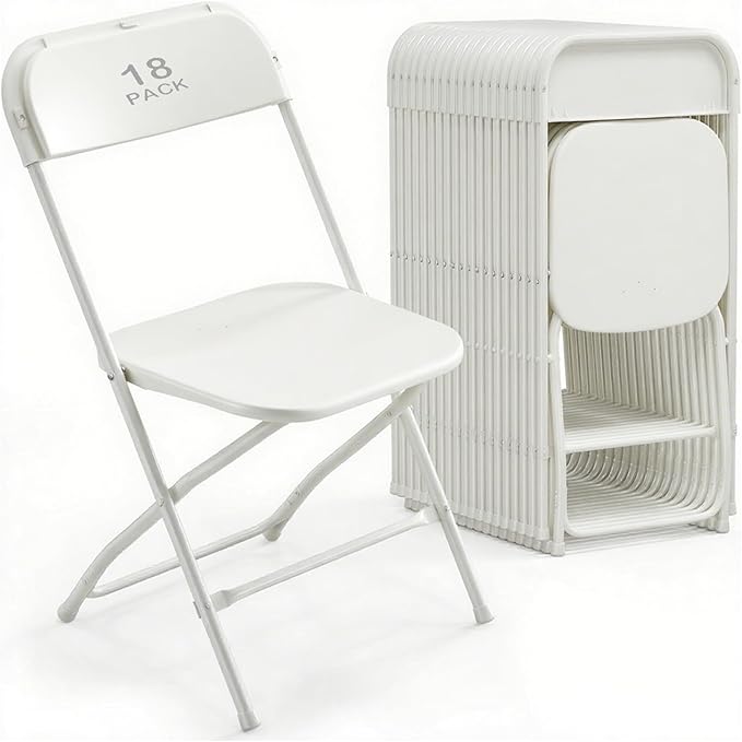 18 Pack White Plastic Folding Chair, Indoor Outdoor Portable Stackable Commercial Seat with Steel Frame 350lb. Capacity for Events Office Wedding Party Picnic Kitchen Dining