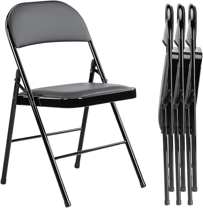 Padded Folding Chairs Set of 4, Portable Stackable Acrylic with Cushion for Outdoor Activities, Indoor Gatherings, Living Rooms and Office Meetings, Black