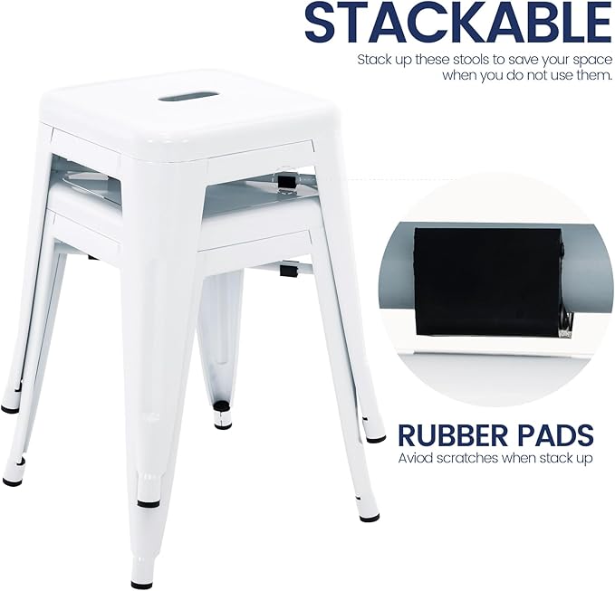 Brage Living 18 Inch Industrial Metal Stools Set of 2, Short Stackable Classroom Stools, Backless Metal Dining Chairs for Indoor Outdoor, Kitchen (White)