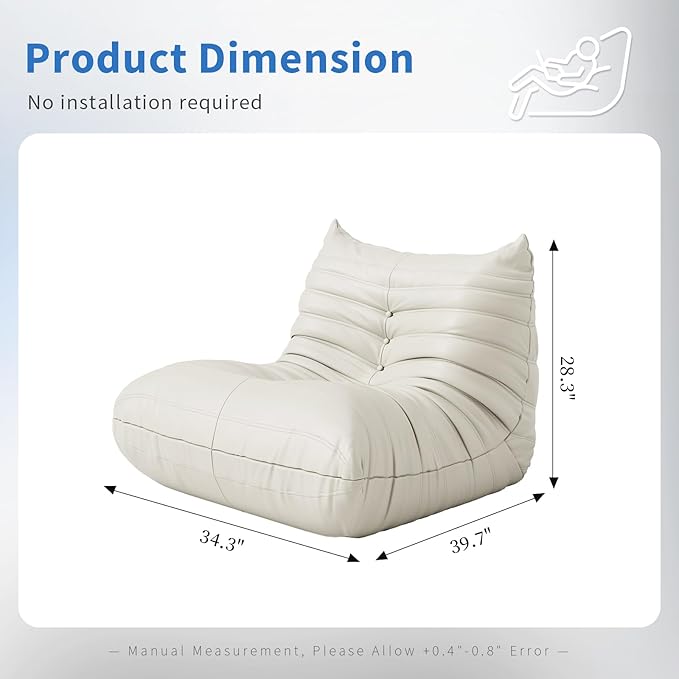 Fireside Corner Bean Bag Chairs for Adults,Comfy Lazy Floor Sofa Couch, Soft Lounge Foam-Filled Single Chair for Living Room Bedroom Office,Cream White