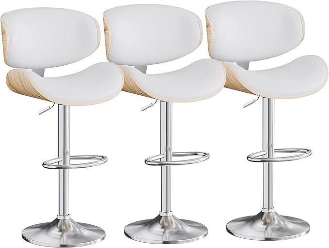 Aowos Bar Stools Set of 3, Adjustable Swivel Leather Bar Stools for Kitchen Island, Mid Century Modern Counter Height Bar Chairs Barstools with Back & Footrest (Cream White)