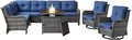 Belord Outdoor Sectional Sofa Furniture Set with Propane Fire Pit Table, Wicker Patio Conversation Set with 2 Swivel Glider Rocker Chairs Blue Cushion Perfect for Backyard Casual Gathering