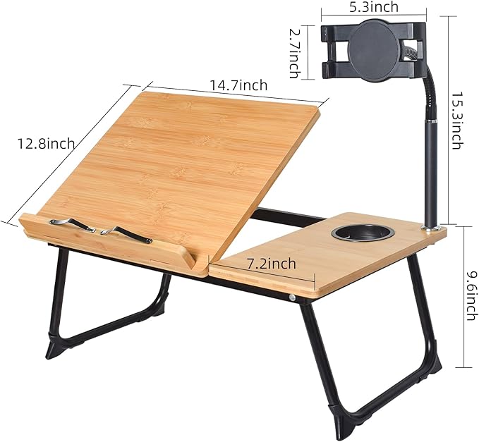 Laptop Desk in Bed, wishacc Adjustable Bamboo Lap Desk Table with Gooseneck Tablet Holder Mount for Laptop,Tablet,Phone,Book Reading