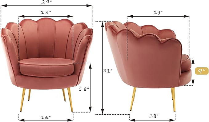 DAGONHIL Mid Century Modern Upholstered Accent Chair,Petal Vanity Chair,Retro Leisure Velvet Single Sofa with Golden Metal Legs for Living Room/Bedroom/Makeup Room, Rose Pink