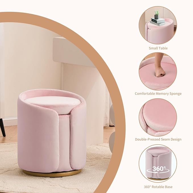 Vanity Chair with Storage, Round Velvet Vanity Stool No Wheels, Swivel Ottoman Chair with Upholstered for Women, Makeup Chair Accent Stool with Back for Living Room, Bedroom, Gold Base, Pink