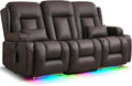 URRED Loveseat Recliner Sofa with Massage and Heat, Flip Middle Backrest Design 3 Seat Power Reclining RV Sofa Couch, Home Theater Seating with LED Lights, USB Ports, Outlets, Faux Leather, Dark Brown
