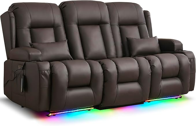 URRED Loveseat Recliner Sofa with Massage and Heat, Flip Middle Backrest Design 3 Seat Power Reclining RV Sofa Couch, Home Theater Seating with LED Lights, USB Ports, Outlets, Faux Leather, Dark Brown