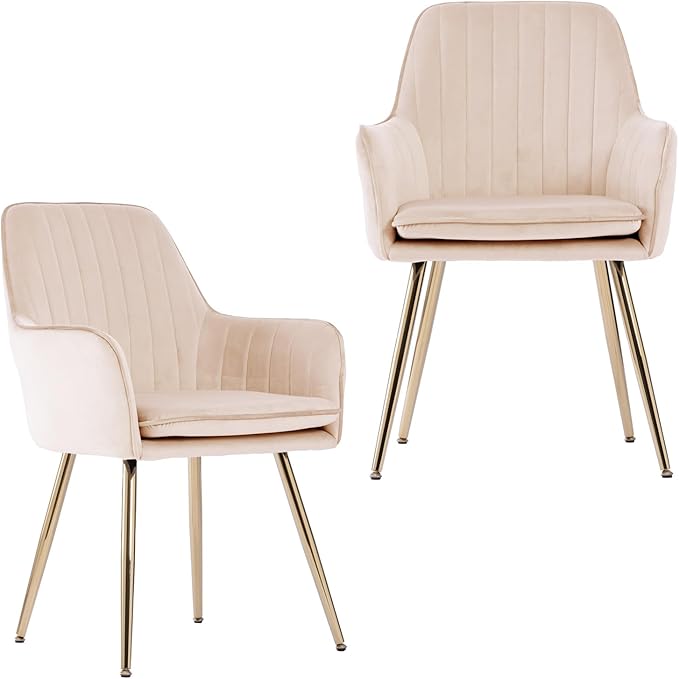 Purgreen Velvet Dining Chair Set of 2 - Modern Mid-Back Accent Chair with Gold Plating Legs - Upholstered Chair for Living Room ，Kitchen & Reception Room (Velvet Beige, Set of 2)