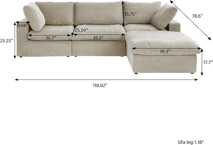 L-Shaped Cloud Sectional Couch, Khaki Modular Sectional Sofa, Modern Comfy Cloud Sofa with Storage Ottoman, Covers Removable, Convertible Sleeper Couch for Living Room Apartment (Linen Fabric)