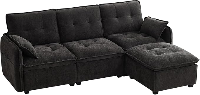 PALLOME 96" Modular L-Shaped Sofa - 3-Seat Cloud Couch with Movable Ottoman, Extra Deep Seat Sofa Couch with Throw Pillows for Living Room & Small Spaces (Black, 3-Seat + Ottoman)