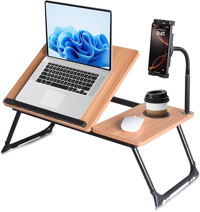 Adjustable Wooden Lap Desk with Flexible Stand, Natural Oak Color, Portable Workstation with Cable Management, Ergonomic Design for Home Office (Wood+Black)