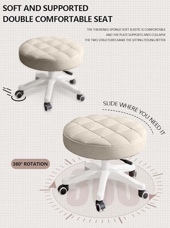 HDHNBA Small Chair Round Rolling Stool with Wheels PU Leather Height Adjustable Swivel Drafting Work SPA Salon Stools Home Office Chair,2 Pack