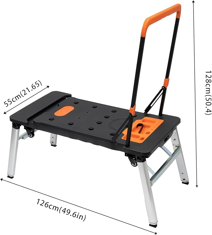 YIYIBYUS Multifunctional Folding Work Table, 7-in-1 Work Benches for Garage, as Portable Workbench, Sawhorse, Scaffold, Platform, Car Creeper, Dolly and Hand Truck, with 4 Wheels