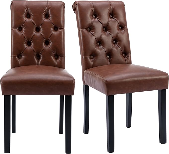 chairus Dining Chairs Set of 2 Mid Century Modern Living Room Chairs with Button Tufted High Back PU Leather Armless Chair Comfy Upholstered Side Chairs for Kitchen/Restaurant/Bedroom, Brown