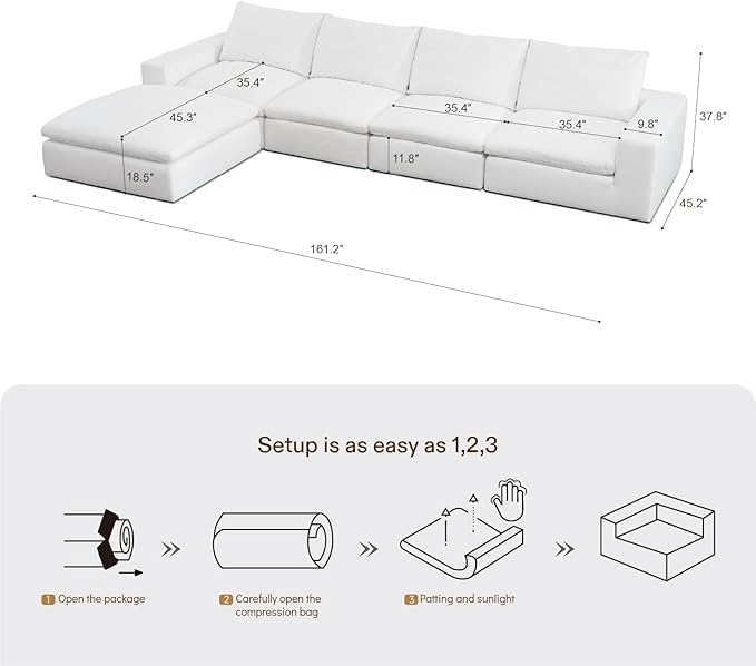 Vorthio Cloud Couch Sectional Oversized Modular Sofa with 35'' Deep Seat Boneless Couch L-Shape Comfy Sofa Stain-Resistant White Sectional Couches for Living Room Apartment 4 Seater with 1 Ottoman