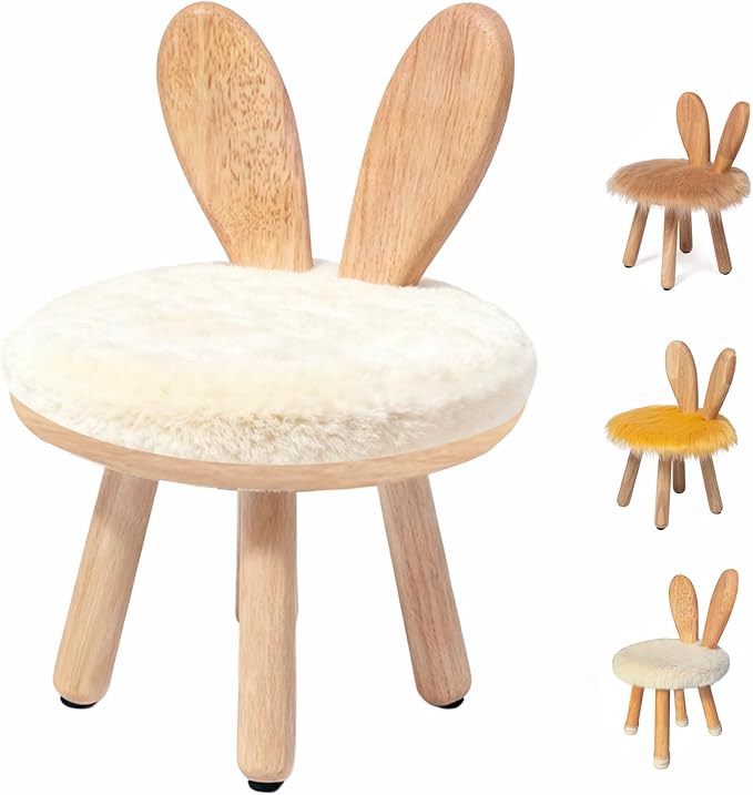 XXYOUPIN Bunny Chair for Kids 1-4 Years, Wooden Base with Removable Cushion,Anti-Tip Toddler Stool,Baby Nursery Decor Gift,Rabbit Design（1pack/Pearl White）