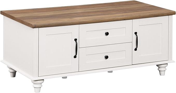 WAMPAT White Coffee Table with Drawers & Storage Cabinet, Modern Rectangle Center Table for Living Room, Rustic Wooden Cocktail Table Tea Table for Home, Office