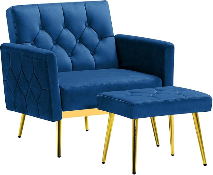 ACMEASE Velvet Accent Chair w/Adjustable Armrests and Backrests, Tufted Single Sofa with Ottoman, Upholstered Reading Chiar for Living Room, Apartment, Bedroom, Blue