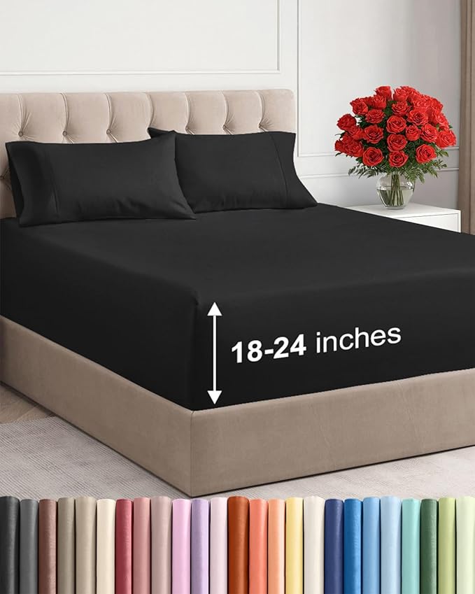 Extra Deep Pocket Queen Sheet Set - 4 Piece Breathable & Cooling Bed Sheets - Hotel Luxury Sheet Set - Ultra Soft, Wrinkle Free & Comfy - Easily Fits Extra Deep Mattresses - Deep Pocket Black Sheets