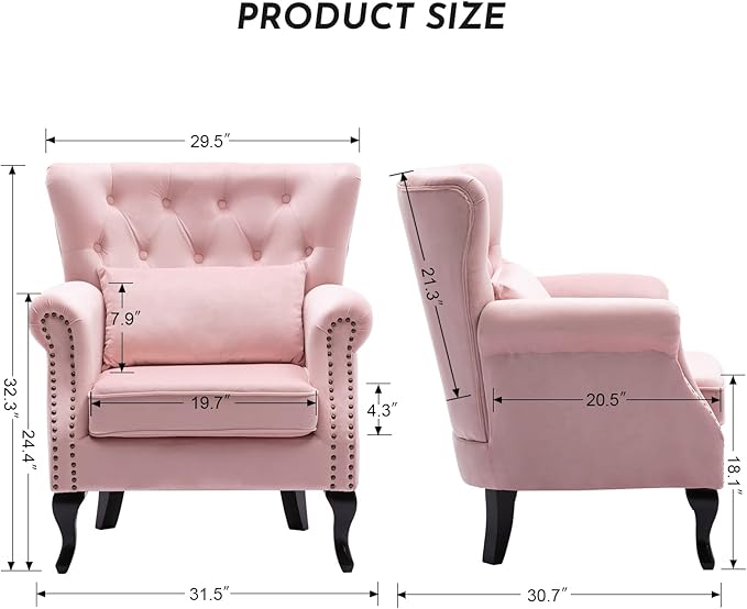 LZAREAL Accent Reading Arm Chairs for Living Room Bedroom, Midcentury Modern Comfy Corner Sofa Chair, Wingback Waiting Room Club Chair with Button Tufted Back &Lumbar Pillow, Velvet Pink