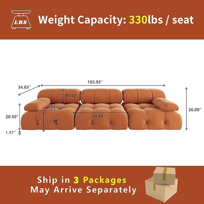 JACH Convertible Modular Sectional Couch, 104" Minimalist Mid-Century Velvet Sofas, Modern Comfy Deep 3-Seat Couches Sectional for Living Room Office Apartment (Orange)