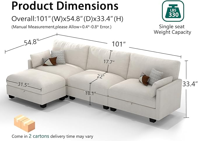 Modular Sectional L Shaped Sofa Couches for Living Room, Cloud Couch with Storage Ottoman, Comfy Chenille Sofa with Pillow, Beige