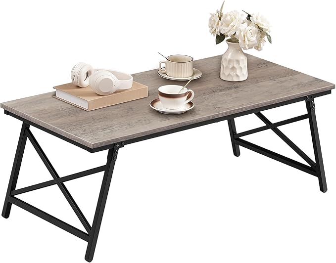 CHOEZON 41.3" Folding Coffee Table with Safety Buckles, Low Coffee Table, Portable Floor Table, for Sitting on The Floor, for Living Room, Bedroom, Balcony, Caravan, Greige and Black TKF01BG