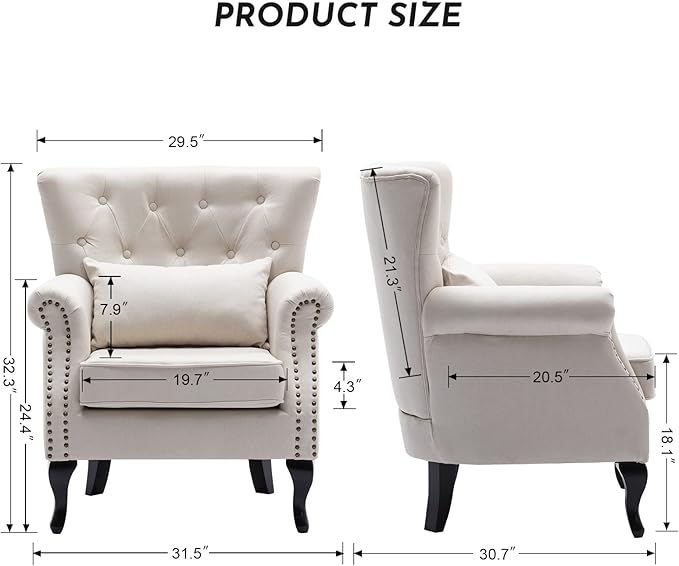 LZAREAL Accent Reading Arm Chairs for Living Room Bedroom, Midcentury Modern Comfy Corner Sofa Chair, Wingback Waiting Room Club Chair with Button Tufted Back &Lumbar Pillow, Linen Beige