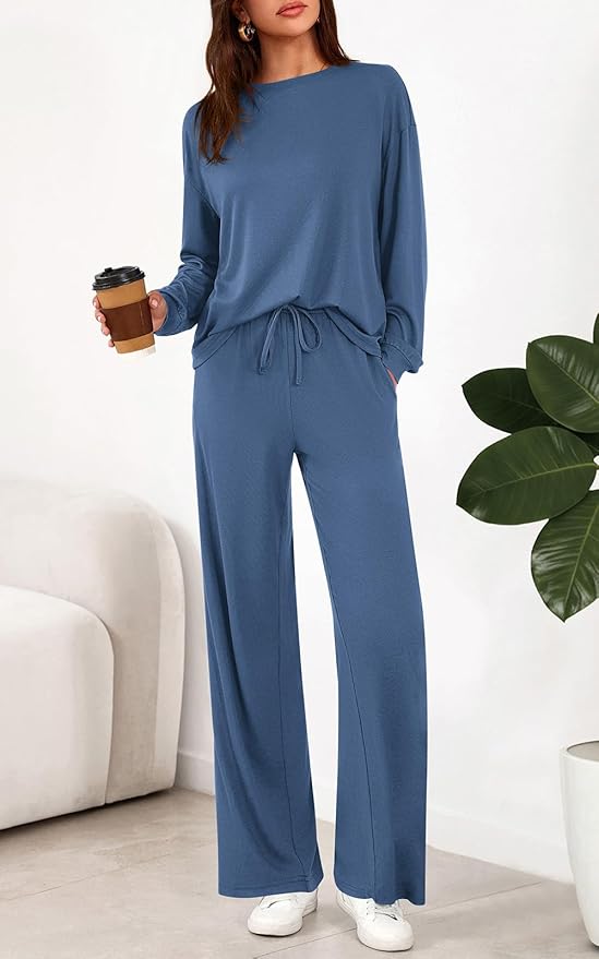 PRETTYGARDEN Womens 2 Pieces Lounge Sets Crewneck Long Sleeve Wide Leg Drawstring Pants Tracksuits Loose Fit Outfits Set