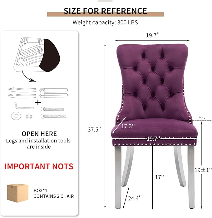 YeahFurn Mid Century Modern Dining Chairs Set of 2, Purple Velvet Upholstered Tufted Back, Kitchen & Dining Room Chairs, Brushed Silver Metal Legs, Nailhead Trim, Sillas para Comedor (Purple, 2 Pcs)