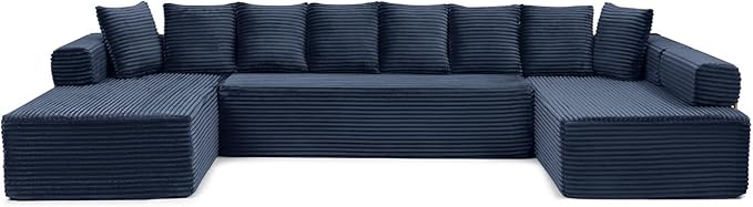 145" Oversized Cloud Boneless Sectional Sofa with Chaise, Corduroy U Shaped Modular Couch with Deep Seat, Fixed Frame Comfy Corner Sofa, No Assembly Required (Blue)
