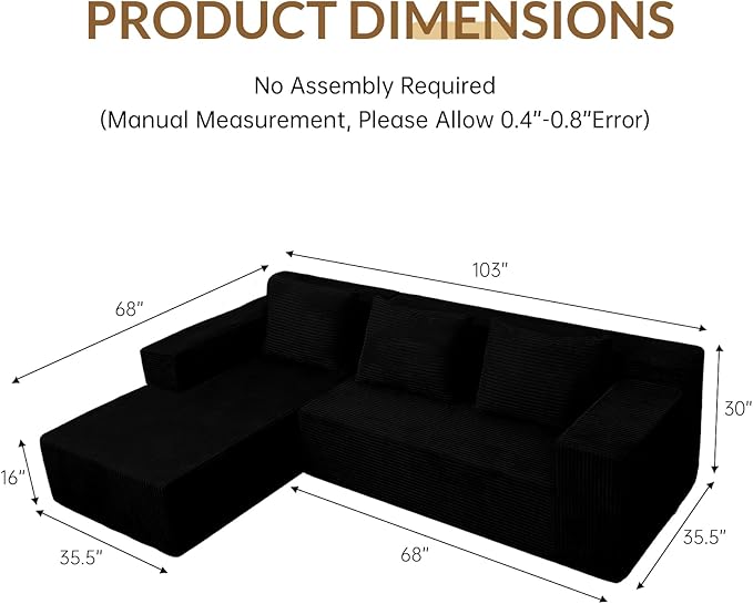 ANONER 103" L-Shaped Sofa Bed Cloud Couch, Modular Sectional Corner Sofa with Deep Seat, Modern Minimalist Boneless Couch with Chaise, Free Combination Couches for Apartment (Black)