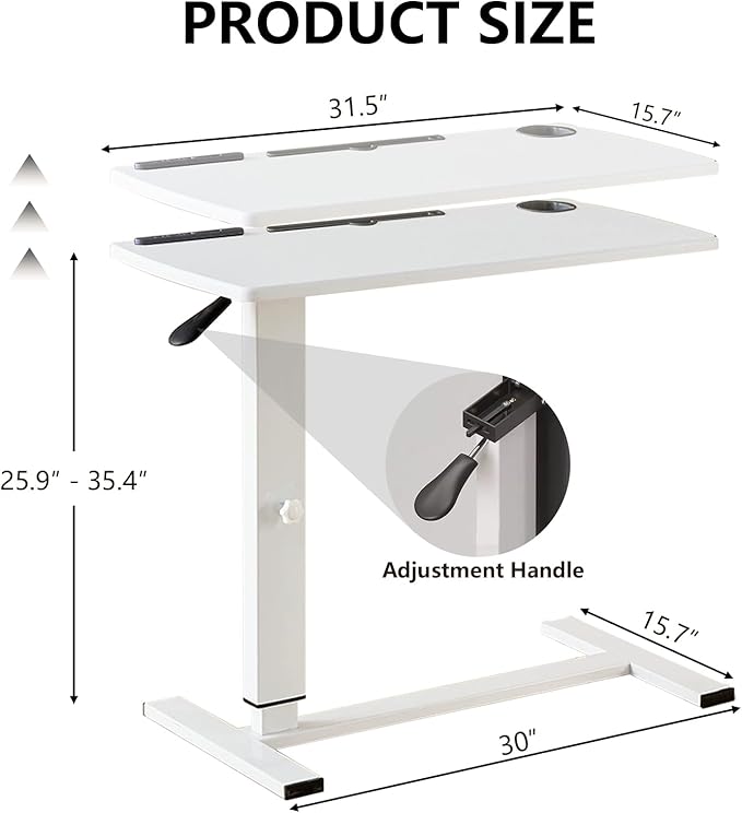 Overbed Bedside Table with Wheels Adjustable Height, Mobile Hospital Bed Table with USB Port, Rolling Standing Laptop Bed Table for Study, Office, Home, White