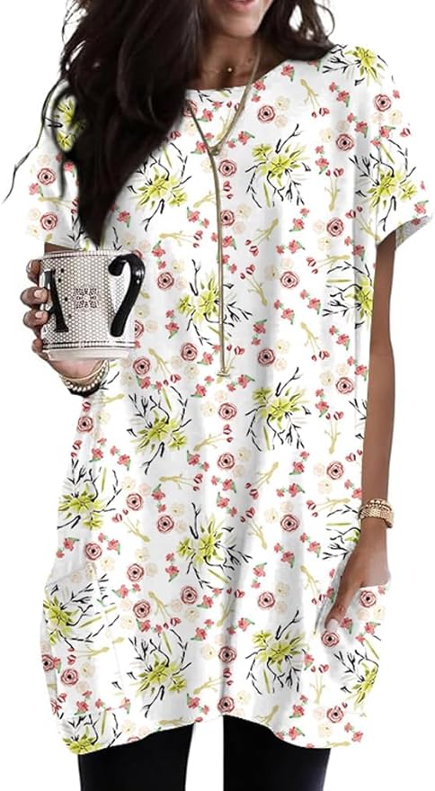 Poetsky Summer Womens Tunic Tops for Leggings with Pockets Short Sleeve Casual Long T Shirts S-3XL
