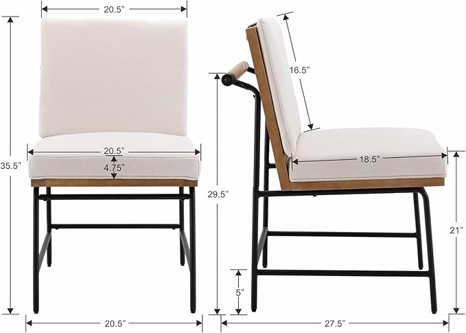 DUOMAY Mid-Century Modern Dining Chairs Set of 2, Linen Upholstered Side Chair with Rear Handle, Armless Chair with Metal Legs for Kitchen Dining Room Living Room Vanity, White