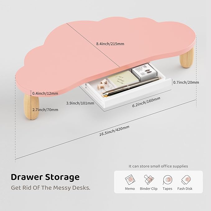 AFOOYO Monitor Stand Riser,Cloud-Shaped Sturdy Wood Computer Monitor Riser Wirh Drawer, Monitor Stand Riser, Multi-Purpose Desktop Organizer Riser for Computer,Laptop,Printer,TV,Pink