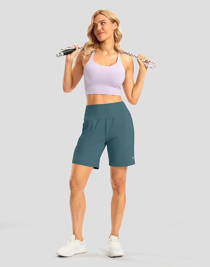Women's Athletic Shorts with Zipper Pocket 7" High Waisted Stretchy Bermuda Shorts for Women Workout Running Casual