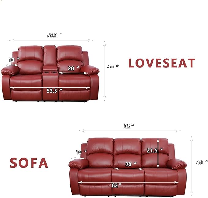 AYCP Bonded Leather Living Room Furniture Set Reclining Sofa Set Loveseat Furniture Sets in Living Room Sofa Recliners (Sofa+Loveseat, Red)