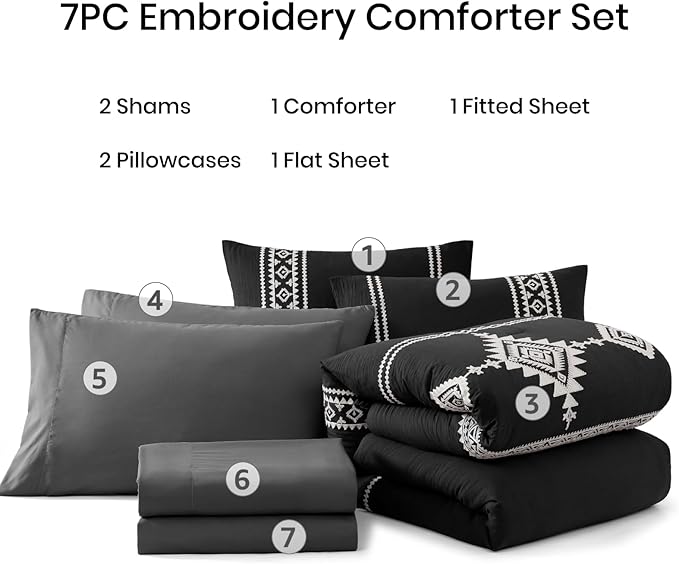MaiRêve Embroidery Comforter Set, Boho Farmhouse Western Bedding Set, All Season Bed in A Bag Comforter Set with Sheets, Pillowcases & Shams, Black King 7 Pieces