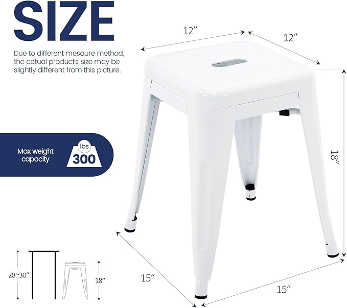 Brage Living 18 Inch Industrial Metal Stools Set of 4, Stackable Classroom Stools, Backless Metal Dining Chairs for Indoor Outdoor, Kitchen Short (White)